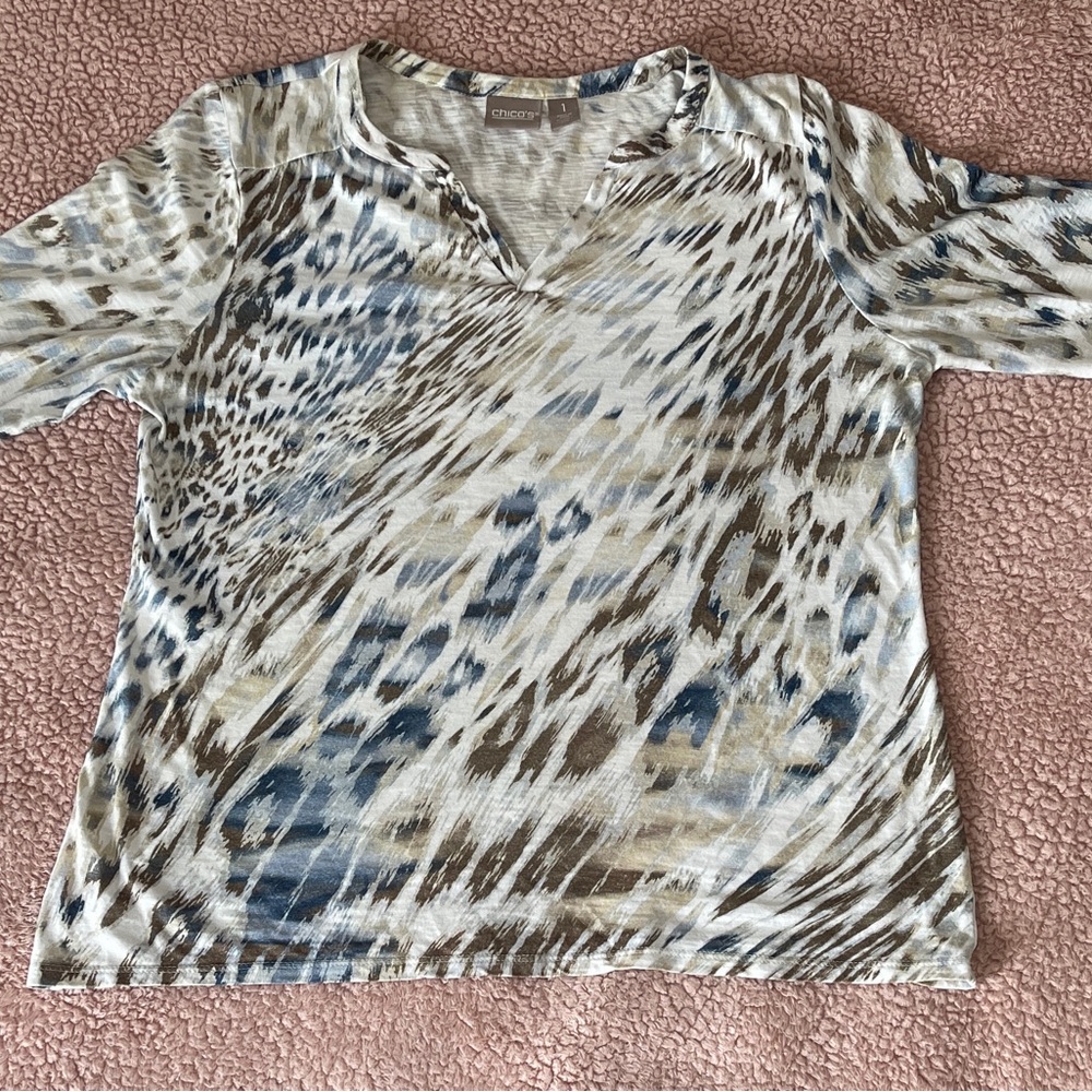 Chico’s Women’s Animal Print Shirt Size 1 in Brown, Cream, and Blue 3/4 Sleeves